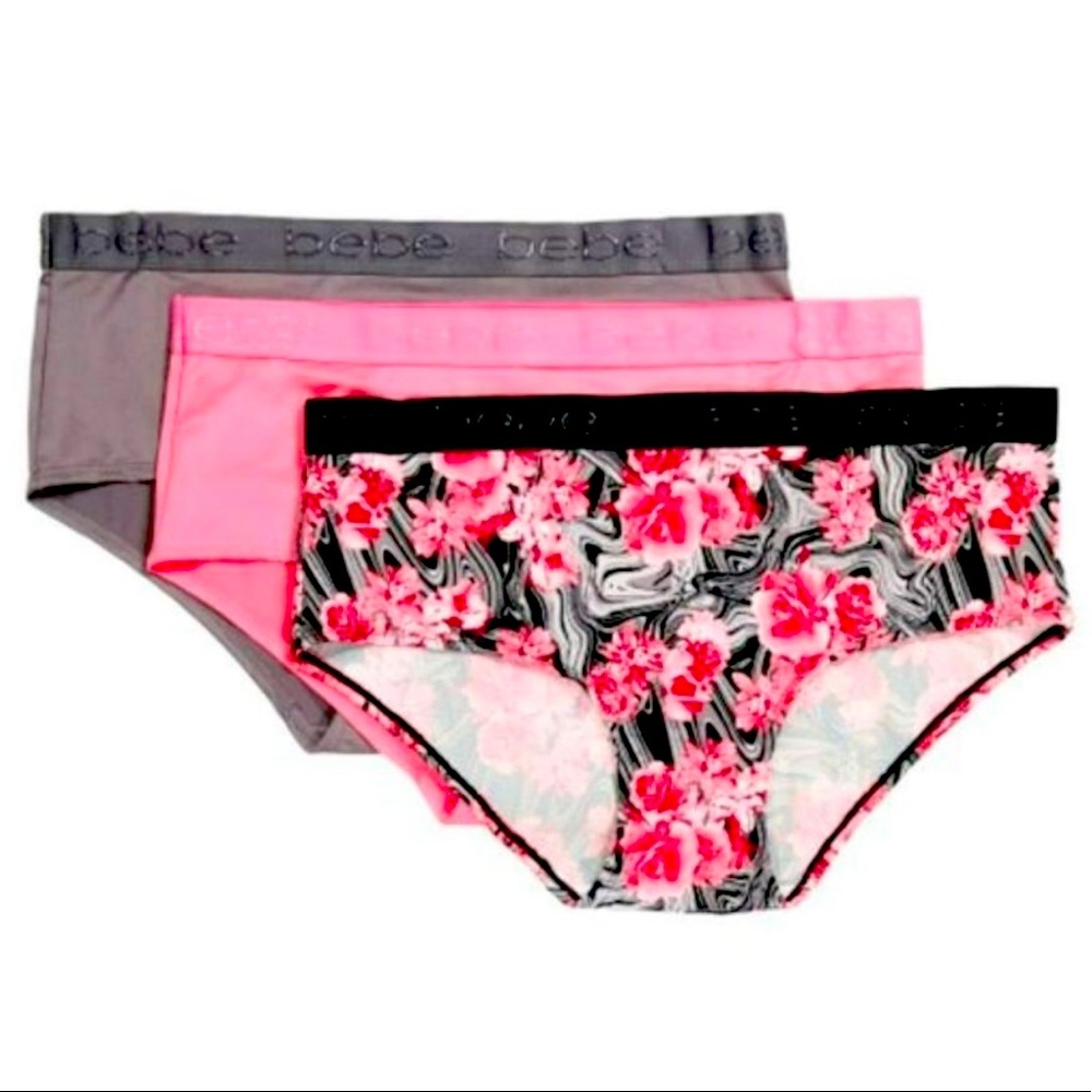 BNWT NWT Bebe Plus 3 -Pack Tag Free Micro Logo Waist Floral Hipster Panties 1X